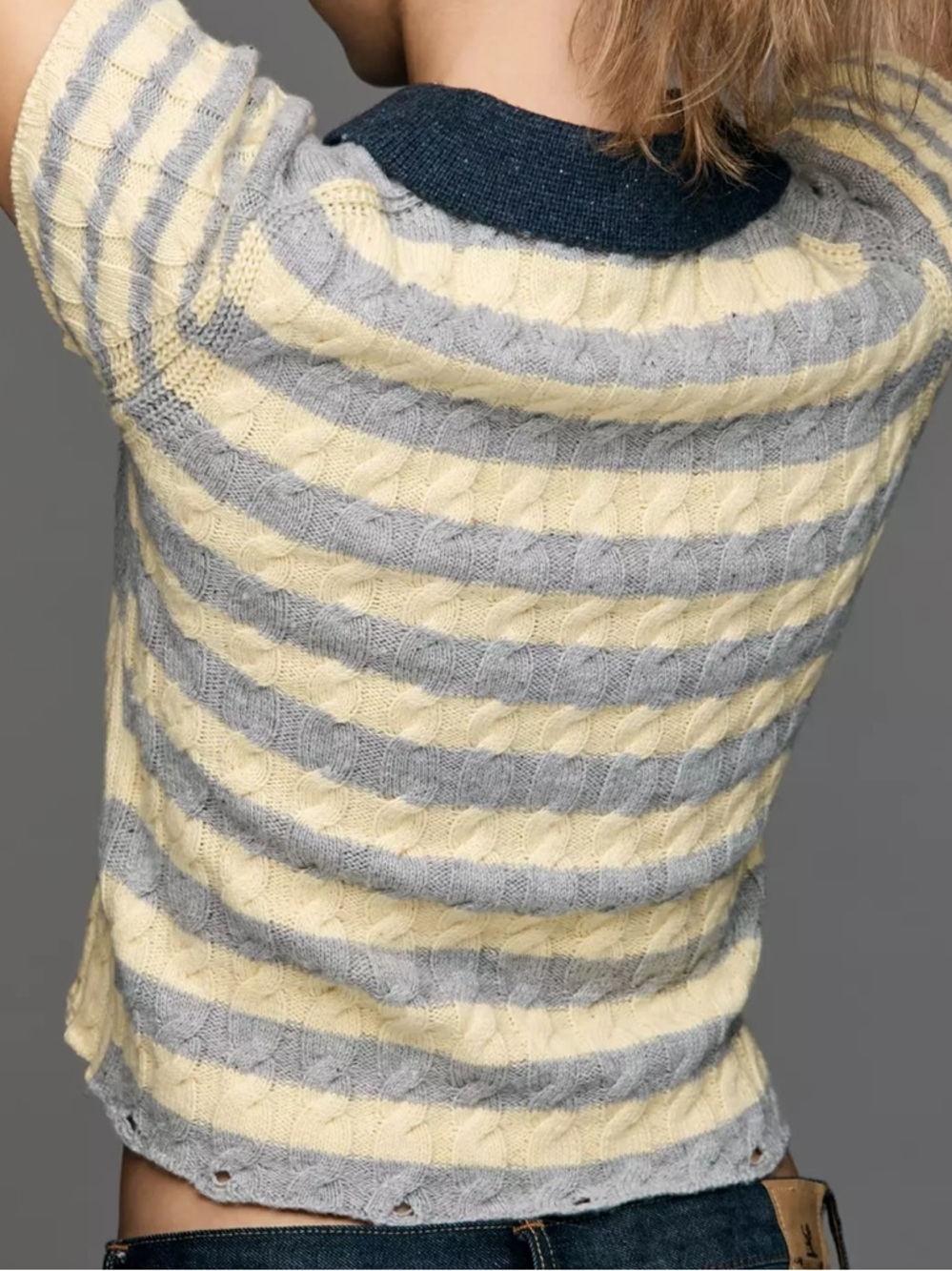 Pilcro Cable Knit Polo Sweater 90’s Inspired Gray Yellow Medium Cotton Wool - Picture 4 of 13